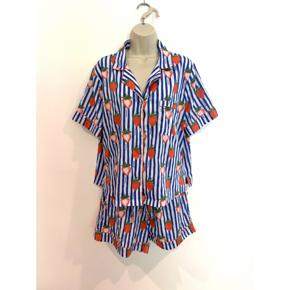 Bouffants Broken Hearts Pajama Set Strawberry Print Blue Stripe Shorts Top Sz L